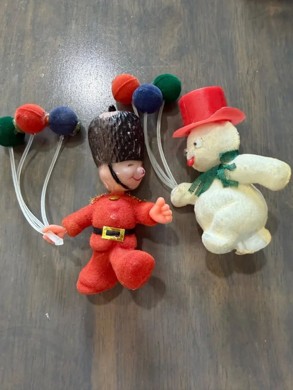 Vintage 1960s Flocked Plastic Blow Mold Ornaments Snowman and Soldier
